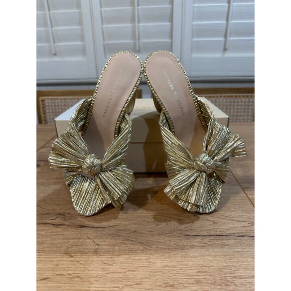 Loeffler Randall Penny Gold Pleated Bow Heel Size 6 NIB Glam Dressy Knotted Top - Picture 6 of 14